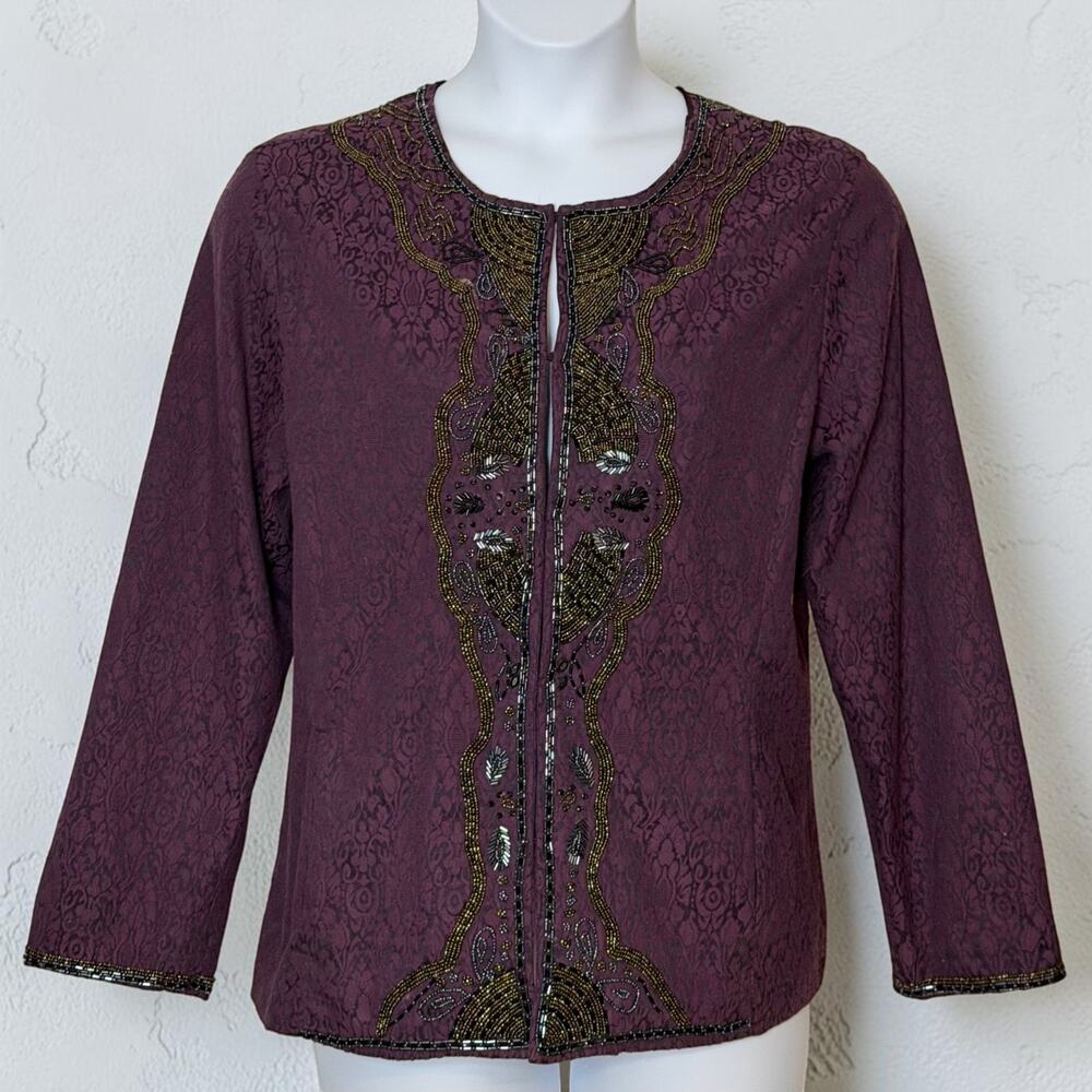 Chico's Victorian Bead Jenean Jacket XL Purple Jacquard Embellished Pockets NWT